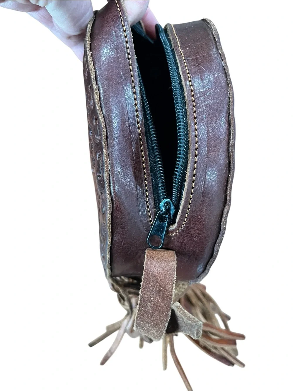 Hand tooled canteen round leather fringe bohemian style crossbody bag